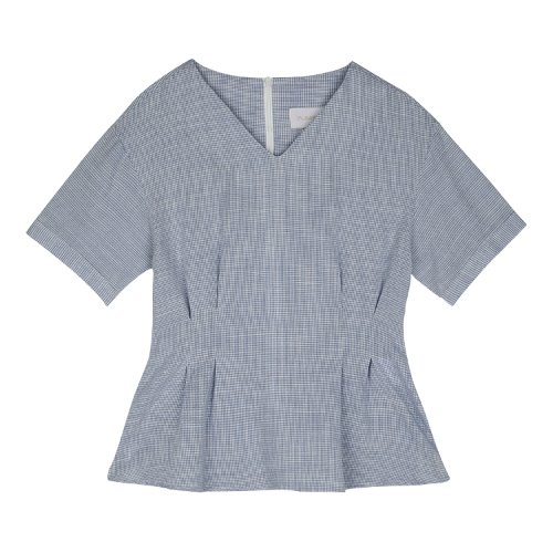iuw410 Waist laced small check blouse (blue)
