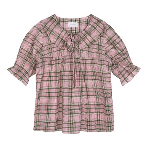 iuw439 Frill ribbon checked blouse (pink)
