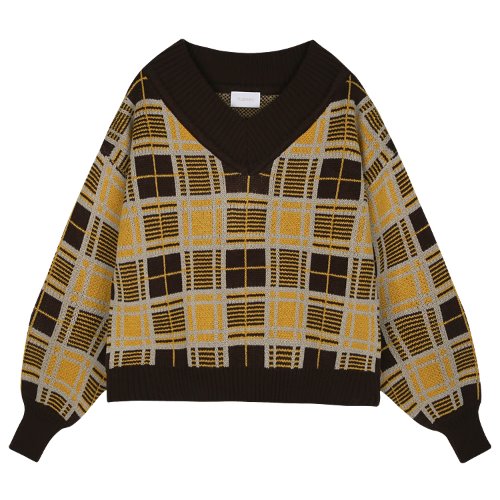 iuw466 ballon-sleeved check v-neck knit (brown)
