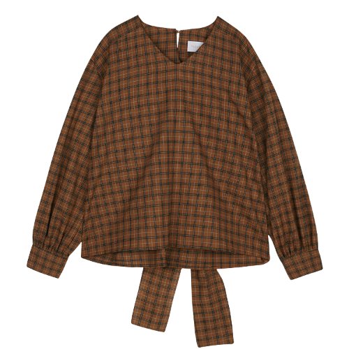iuw477 v-neck checked waist belt blouse (brown)