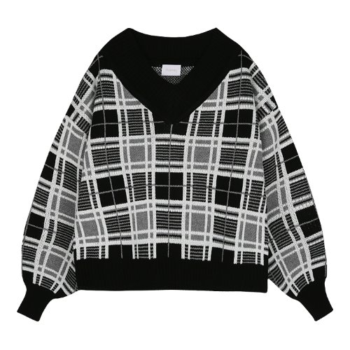 iuw467 ballon-sleeved check v-neck knit (black)