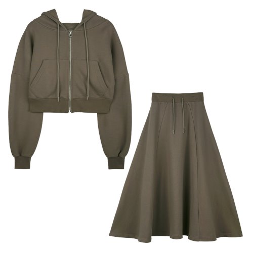[셋트]iuw598 flow hoody zip up+flow long skirt (brown)