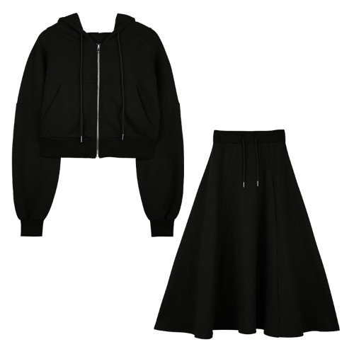 [셋트]iuw596 flow hoody zip up+flow long skirt (black)