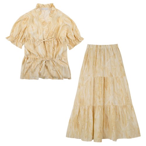 iuw706 [셋트]double string blouse+watery printing skirt (yellow)