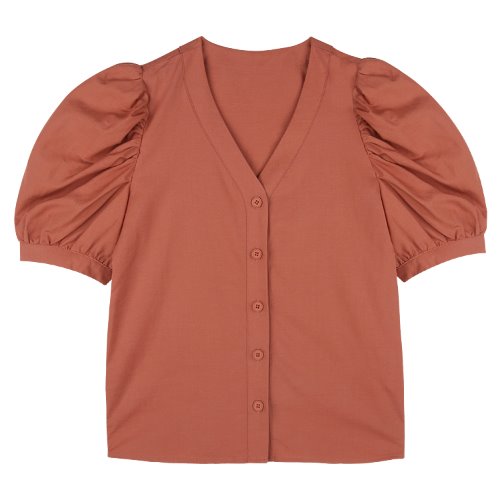 iuw752 linen v neck puff blouse (brick)
