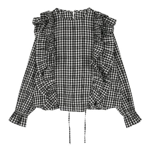 iuw341 Plaid-check frill blouse (black)