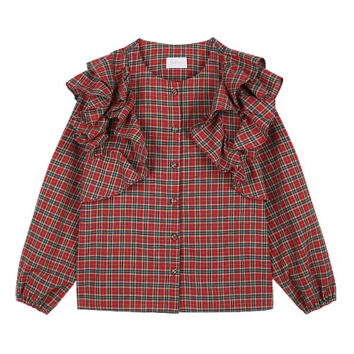 iuw514 round neck frill check blouse (red)