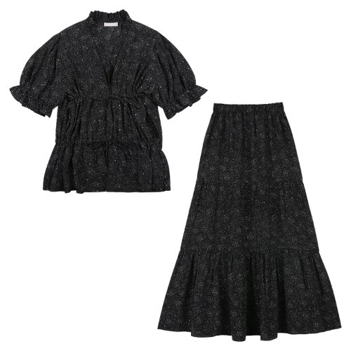 iuw704 [셋트]double string blouse+pen dot skirt (darknavy)