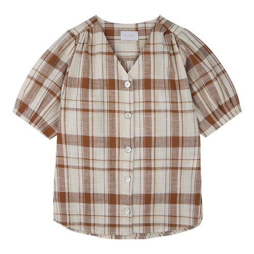 iuw678 half linen check puff blouse (brown)