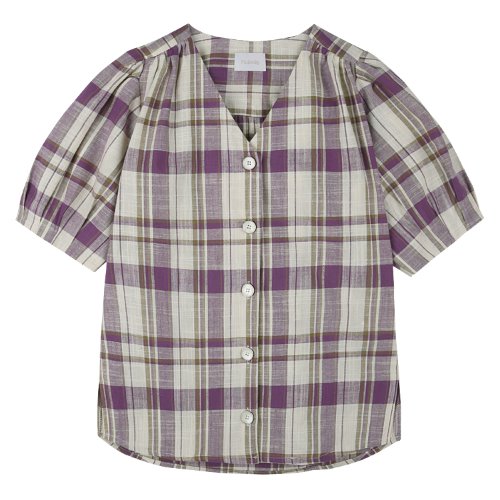 iuw677 half linen check puff blouse (purple)