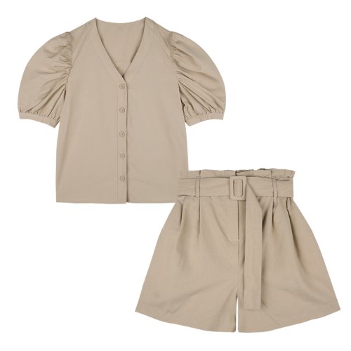 iuw717 [셋트] linen v neck puff blouse + linen belted pot shorts (beige)