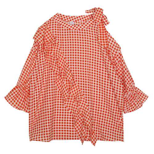 iuw0101 tie_shoulder gingham blouse (orange)