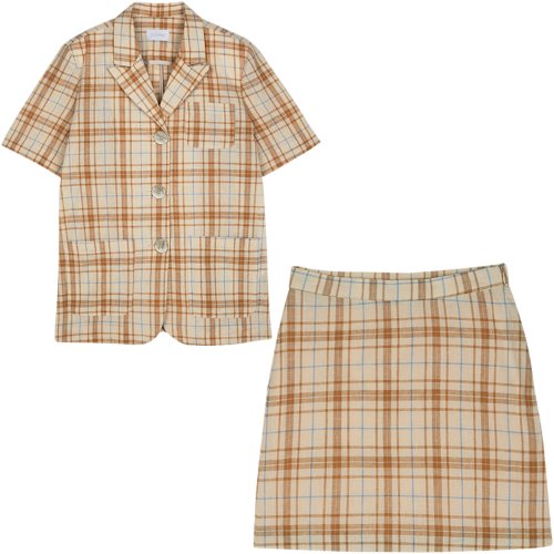 [Set1] Short sleeved jacket+Check skirt (beige)