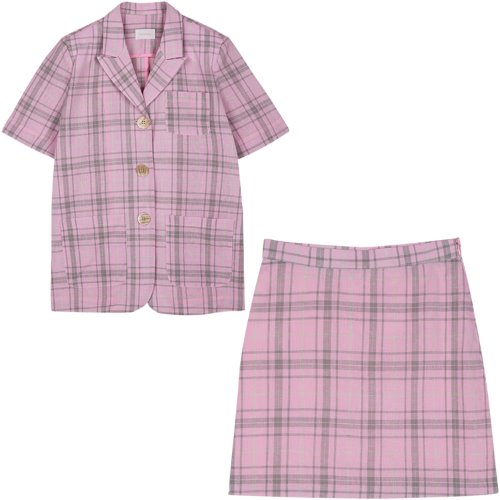[Set3] Short sleeved jacket+Check skirt (pink)