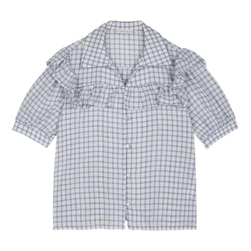 iuw404 Frill small check blouse (blue)