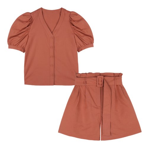 iuw719 [셋트] linen v neck puff blouse + linen belted pot shorts (brick)