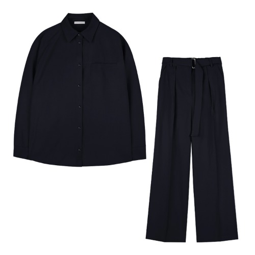 iuw1103 [SET] button blouse+belted wide slacks (navy)